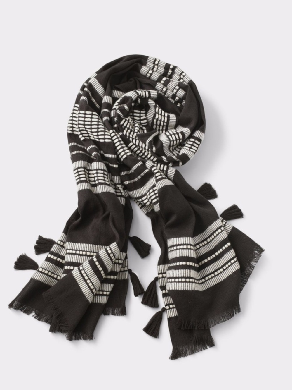 STELLA & DOT INES Scarf Black White Wrap Scarf Shawl Fringe Travel EUC